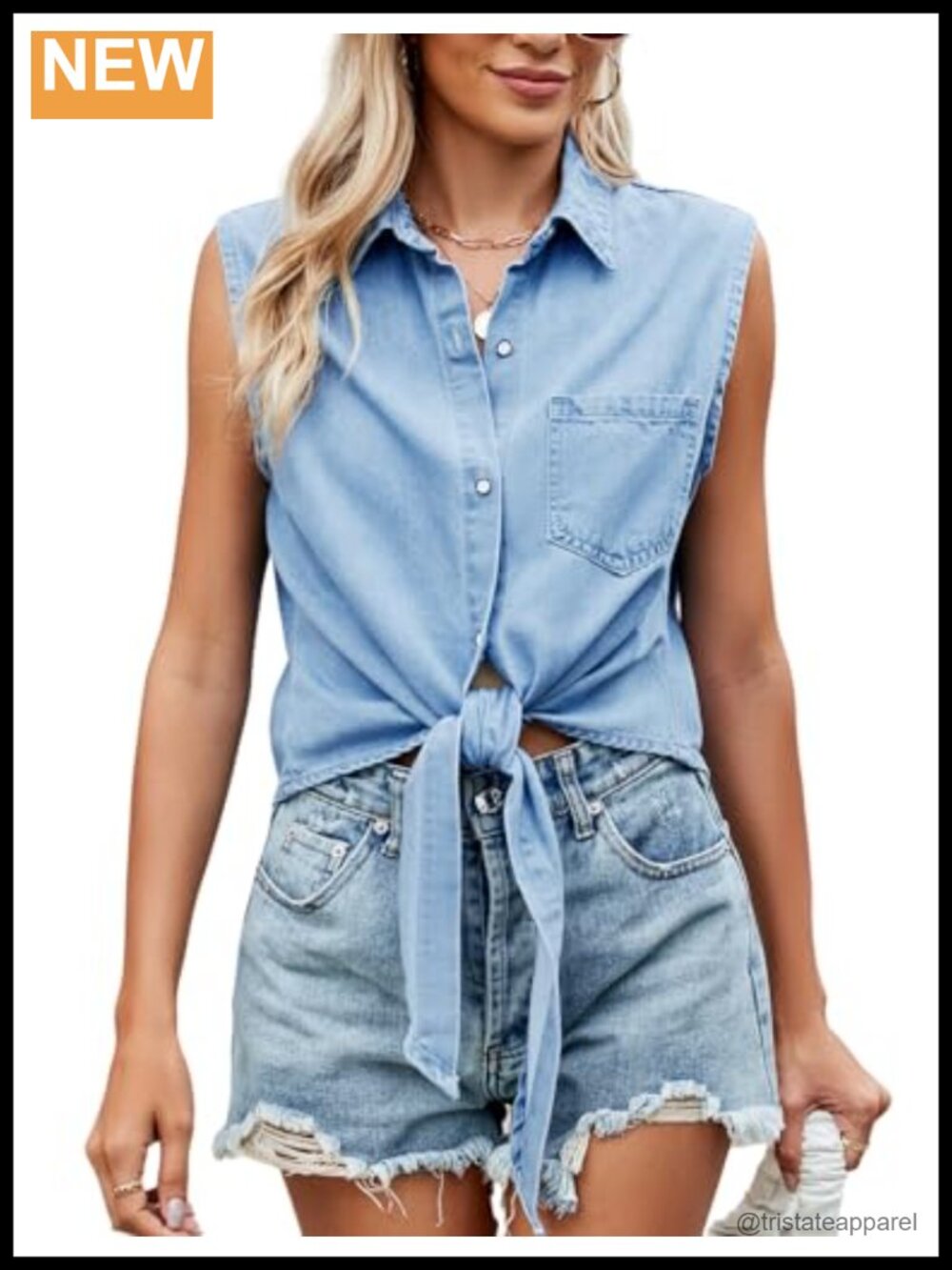 Sleeveless Denim Chambray Shirt with Bow Tie Front